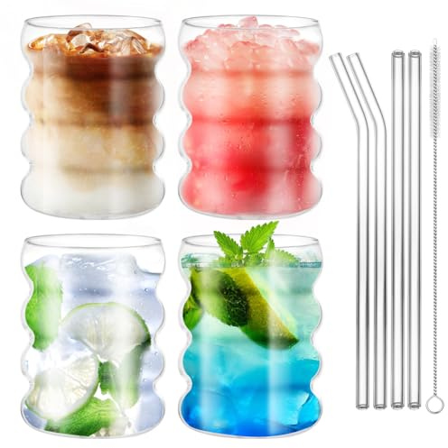 PRZRAO Lot de 4 Verres à Bulles en Verre en Forme de Vague, 350ml Verre à Cocktail avec 4 Pailles en Verre, Verres à Eau Bulles Ondulés pour Cocktail, Eau, Soda, Jus, Café