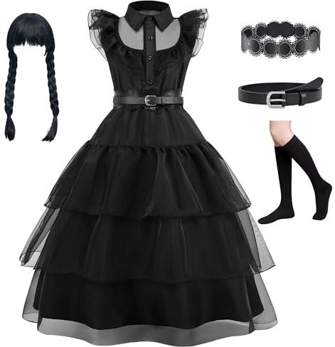 bluaqua Wednessday Costume wednessday abito ragazza Wendsday Costume per bambini con parrucca, tasca, calzini per ragazze dai 4 ai 13 anni (nero+parrucca, 140)