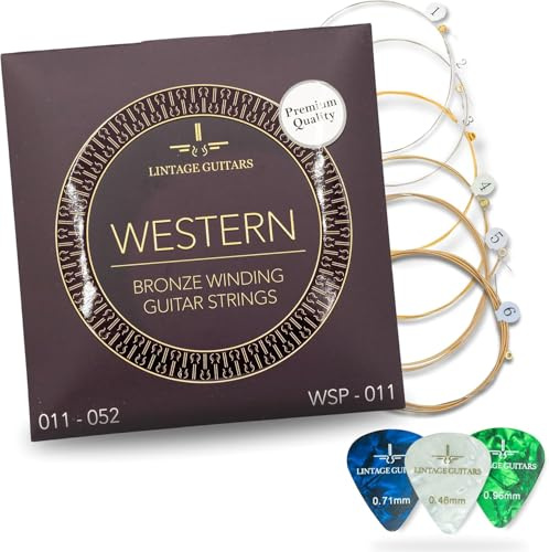 Premium-Saiten für akustische Gitarren WSP-011 – 6-saitiges Set mit bronzeumwickelten für Akustikgitarren (011–052) – Langlebige Saiten für Akustikgitarren – Inklusive 3 Zelluloid-Plektren