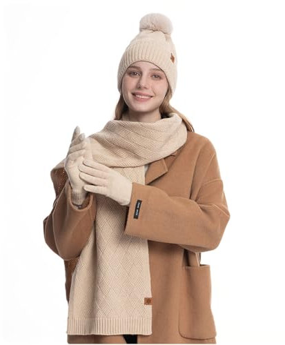 XIFUHUI Wintermütze Schal Handschuhe Damen Winter Warmes Langer Schal Beanie Mütze Strickmütze Winterschal Winterhandschuhe Damen 3-in-1 (Beige)