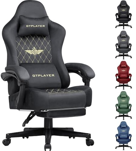 GTPLAYER Fabric Gaming Chair, Ergonomic Computer Chair with Footrest and Lumbar Support Height Adjustable Home Office Chair with 360°-Swivel Seat and Headrest (Grey)
