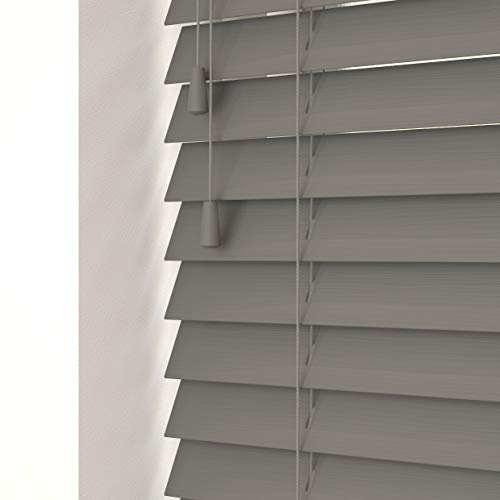 Smooth Grey Faux Wood Venetian Blind 50mm Slats - 130cm Width x 120cm Drop | Fine grain Smooth Grey faux wood Venetian blind with strings. 50mm slats. 130cm width x 120cm drop. Moisture resistant.