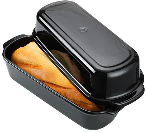 Navaris Stampo per Pane in Cassetta con Coperchio - per Lievitazione Pizza Focaccia - Pentola Cuoci Pane - Stampi da Forno Fino a 240°C - Teglia Rettangolare in Grès Nero Lucido