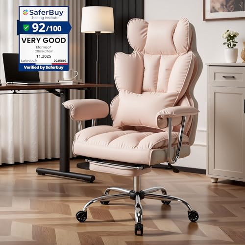 Efomao Desk Office Chair, Big and Tall PU Leather Ergonomic Office Chair, 200KG Adjustable High Back Computer Chair,Executive Swivel Chair with Footrest and Lumbar Support, Light Pink