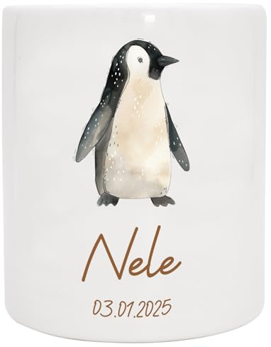 VERSCHENKICH Personalisierte Spardose Kinder mit Namen | Tiermotive | Keramik Spardose als Geschenk (Tierparty | Pinguin)
