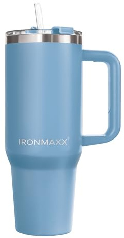 IronMaxx Cup mit Griff - Ice Blue 1,2L | mit inkludiertem Strohhalm | Schlankes modernes Design aus rostfreiem Edelstahl | doppelwandige Isolierung | hält Warm und Kalt