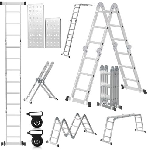 Herrselsam Échelle multifonction 4 x 3, 7 en 1, 366 cm, en aluminium, pliable, avec 2 plateformes et roues, charge maximale : 150 kg, échelle multifonction, 12 échelons