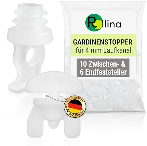 Rollina Gardinenstopper für Schienen | Stopper für Gardinenschiene | Standardgröße für Vorhangschienen mit 4 mm Laufkanal (10 Zwischen- & 6 Endfeststeller)