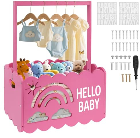 Holz Korb für Geschenke Babyparty, Groß Babykorb Geschenk mit Griff Babyparty für Neugeborenen Geschenkkorb,Holz Baby Geschenk Korb mit 52 Buchstaben für Mädchen, Junge, Shower,41X28X56cm(Rot)