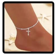 Carufin Croix Pendentif Bracelet de cheville Sparkling Étanche Argent Réglable Cheville D'été Plage Foot Bijoux Cadeau pour les Femmes