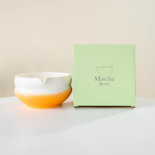 Matcha Schüssel aus Keramik, handgefertigt, Aquarell, glasiertes Porzellan, traditionelle japanische Tee-Rührschüssel mit Geschenkbox zum Schlagen von Matcha, Farbverlauf, Gelb