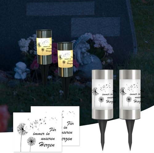 Silkwish Set om 2 solgravljus med markspets och maskros klistermärken – IP65 väderbeständigt LED gravljus – kyrkogårdsstearinljus med automatisk skymningssensor – solgravlampor för kyrkogård, urngrav