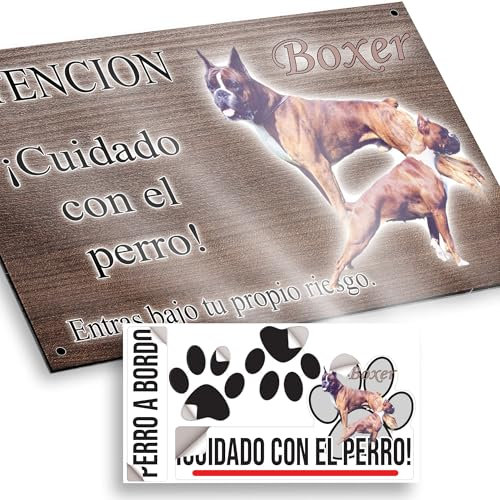 Perro Boxer Cartel Cuidado Perro Peligroso 20x12,5cm - Diseño Madera Marrón Dibond con Pegatina Coche 20x5cm