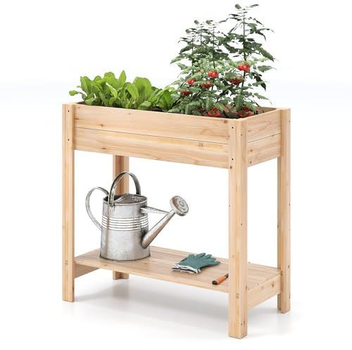 RELAX4LIFE Jardinière sur Pieds en Bois 80 CM avec Fond à Lattes | Carré Potager Surélevé, Étagère de Rangement pour Plantes, Fruits et Fleurs, Peinture DIY