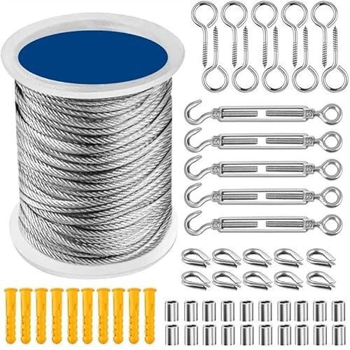 Wire Rope 56Pcs Set 30M Wire Rope Cable Hooks Hanging Kit Flexible PVC Coated Stainless Steel Retractable Clothesline Cables For Curtain Rods, Clothesline, Plant Support