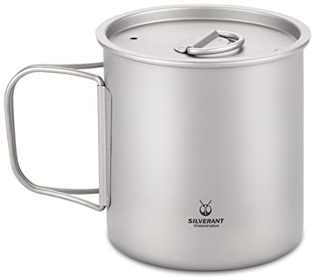 SILVERANT Tasse à café en titane ultralégère avec poignée pliable et couvercle pour randonnée, pique-nique (poignée de 600 ml)
