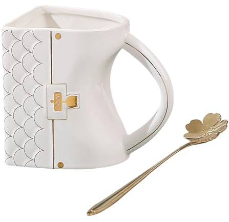 Bibykivn Tazza da Caffè a Forma di Borsetta (400ml) – Carina Tazza in Ceramica con Cucchiaio, Tazza da Tè in Porcellana, Regalo Originale per Donne, Casa & Ufficio (Bianco)