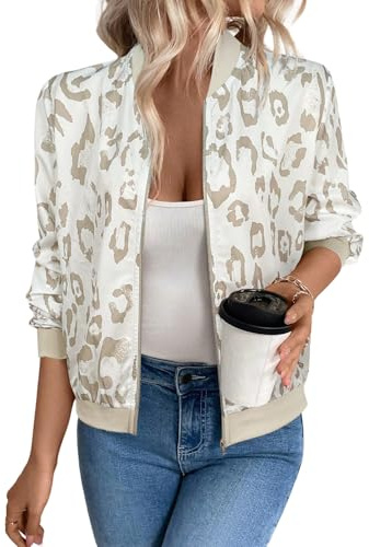 GORGLITTER Damen Jacke Herbst Elegant Bomberjacke Kurze Fliegerjacke mit Leopardenmuster Baseball-Kragen Jacken Mit Reißverschluss Übergangsjacke Weiß S