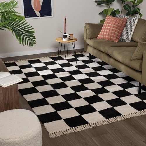 Teppich Kariert - Blox Fringe Schwarz Weiß - 80x150 cm - Baumwolle, Polyester - Hochflor - Blöcke, Kariert - Waschbar in Waschmaschine - Modern - Wohnzimmer, Schlafzimmer, Büro, Jugendzimmer