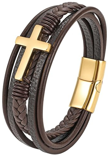 JUZICHEN Kreuz Lederarmband Herren, Kreuz Herrenarmband Armbänder 21CM, Braun Schwarz Armband Für Männer, Armband Leder Herren Schmuck (Braunes Leder, Gold)