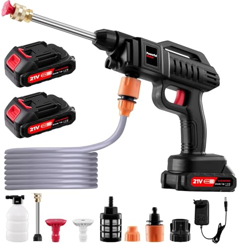 Sararoom Akku Hochdruckreiniger, Max 60Bar Pressure Washer, Druckreiniger Mobiler mit 2x2.0Ah Batterien,5M Schlauch, Schaumdose, 21V Tragbarer Druckreinigerpistole für Autos,Fenster,Rasen,Gärten,Pools