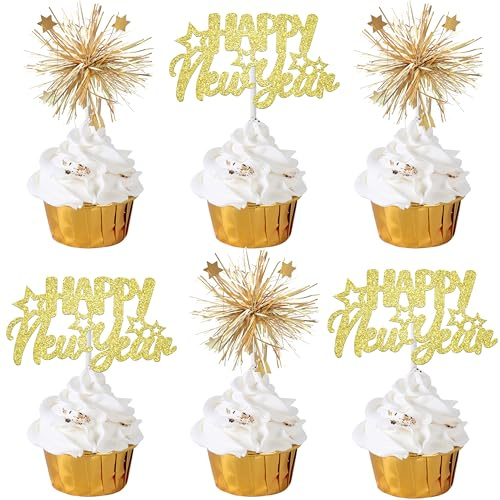 22pcs New Years Eve Party Cupcake Toppers Gold Glitter Happy New Year and Foil Fireworks Theme Cupcake Toppers for 2026 New Year Party Decoration Festival Holiday Supplies