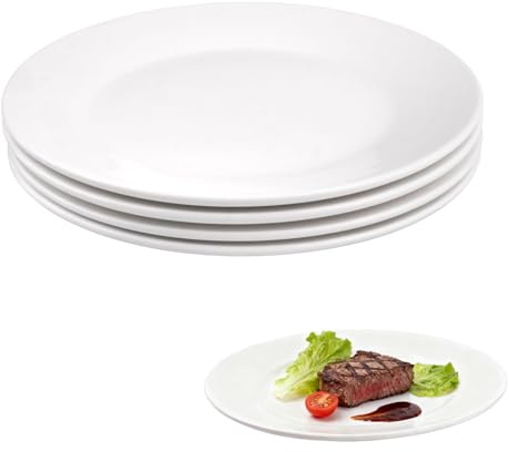 Velicber Lot de 4 Assiette Porcelaine Blanches, 25 cm Assiettes Plates Céramique de Haute Qualité, Assiettes Service de Table pour Salade, Pâtes, Dessert, Steak, Fruits