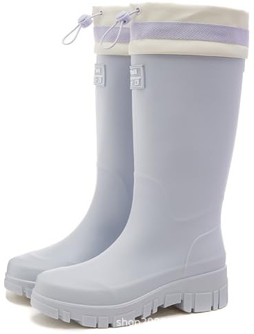 AZAGNEEM Mid Calf Rain Boots for Women Fashion Wide Width Waterproof Non-Slip Platform Chunky Heel Outdoor Work Rain Shoes Lightweight Comfortable Garden Boot Outdoor Mud Boots (Blue Rope Long,8.5)