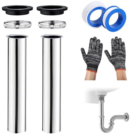 Sifón de inmersión (2 unidades, 300 mm, acero inoxidable, extensible, tubo de desagüe, universal, con anillos de sellado, tuerca y guantes para lavabo, desagüe de lavabo, sifón tubular)