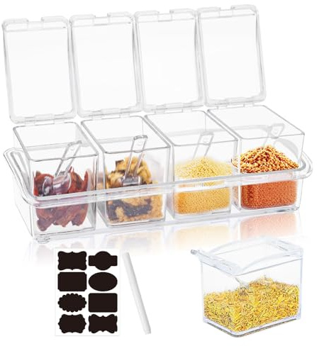 MAIJIAJU 4Pcs Seasoning Box, Integrated Clear Spice Box With Spoon Labels | Erasable Pen Included, Dustproof Plastic Lids, Multi Compartment Storage For Salt Pepper Herb Tea Coffee Kitchen Use