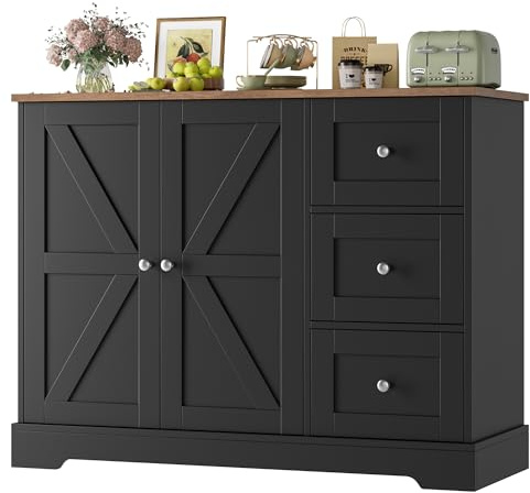 HOCSOK Aparador de cocina con 3 cajones y 2 puertas, armario buffet con encimeras para cocina, comedor, salón, color negro y marrón