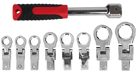 FAHZGK Juego de llaves inglesas desmontables de 9 piezas, kit de llaves inglesas intercambiables con cabezal flexible giratorio de 180 grados, llave inglesa de acero CR-V para reparación