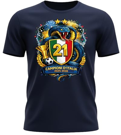 Generico Maglietta Celebrativa Campioni d’Italia 2025-2026 – Scudetto 21 – T-Shirt da Bambino Calcio con Stemma Tricolore, Trofeo e Serpente – Idea Regalo Tifosi
