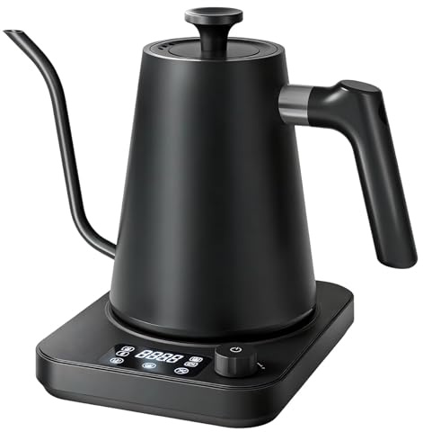 Electric Gooseneck Kettle with LCD Display, 1L Stainless Steel Electric Tea Kettle Temperature Control Pour-Over Coffee and Tea Pot 1200W Quick Heating Hot Water Boiler (Black-A)