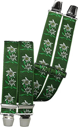 Harrys-Collection Hosenträger Herren 4 Clips 35mm Edelweiss, schwarz | Edelweiß-Design für die Tracht, H-Form, verstellbarer Träger, rutschfester Halt für Lederhosen, elastisch und bequem