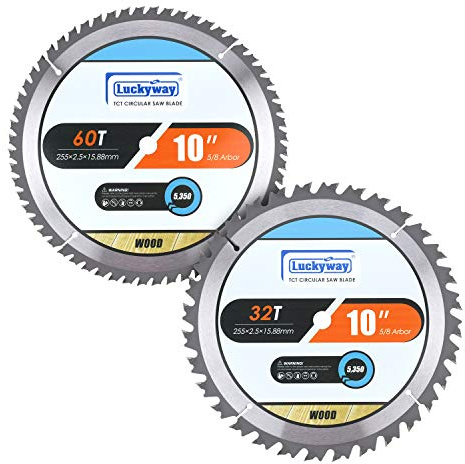 Luckyway 10 Inch Table Saw Blade/Miter Saw Blade for Ultra-Nice Wood Cutting in Construction, Two Pack of 60-Tooth & 32-Tooth