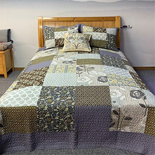 ADGAI 3 Stück Patchwork Quilt Tagesdecken Shabby Chic Gelb Blau Blumenmuster Patchwork Tagesdecken mit 2 Kissenbezügen Leichte weiche Quilt-Tagesdecken 230x250 cm