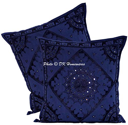 DK Homewares Fundas de Cojín 60x60 cm Algodón Bordado Espejo A Mano Estilo Elegante Azul Oscuro Fundas de Almohada Decorativa Decoración de Sala de Estar - Pack de 2