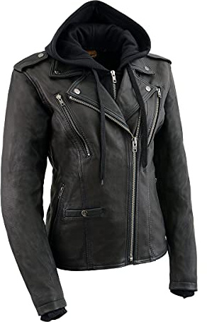 Milwaukee Leather MLL2575 Women's Black Leather Vented Motorcycle Jacket w/Removable Hoodie - Large