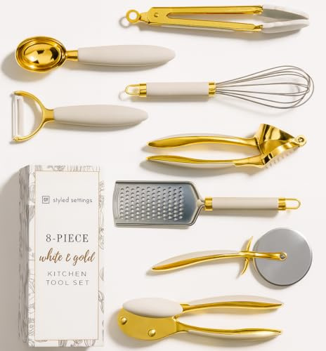 Weiß & Gold Küchenhelfer und Gadgets – Luxe 8-teiliges Kochutensilien -geräte mit rutschfesten Griffen, Goldutensilien-Set, Goldküchenzubehör weißes Küchenutensilien-Set, Premium-Küchenhelfer-Set | Küchenutensilien-Set enthält Dosenöffner, Zange und Knoblauchpresse, Weiß und Gold, Küchenzubehör für Küchen