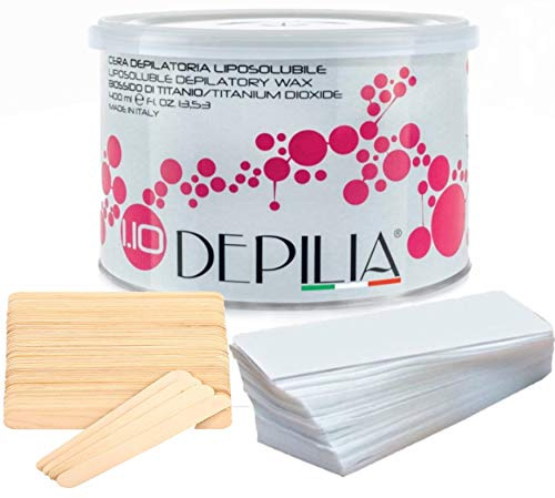 Cera Depilatoria MADE IN ITALY Indolore Ritardante Crescita Kit Barattolo Rosa Titanio 400 ml con 100 Strisce e 100 Bastoncini