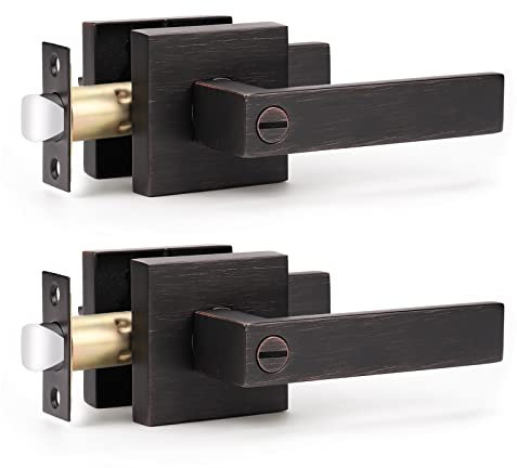KNOBWELL Confezione da 2 maniglie a leva per porta (serratura interna con nottolino) per camera da letto o bagno, con finitura in bronzo lucidato a olio, mano sinistra o destra, 0,9 kg, una leva