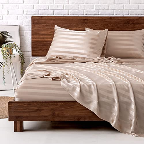 MR&HM Set di lenzuola in raso per letto completo, 4 pezzi, setoso set di lenzuola con tasca profonda 35 cm per materasso (a righe champagne)