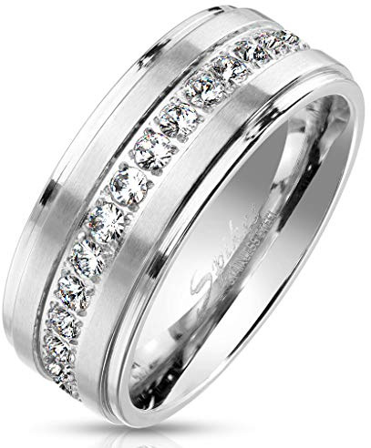 Paula & Fritz® Ring Damen gebürstete Streifen klare Zirkonien 316L Chirurgenstahl Größe 62 (19,7) Silber Verlobungsring Bandring Partnerring Ehering