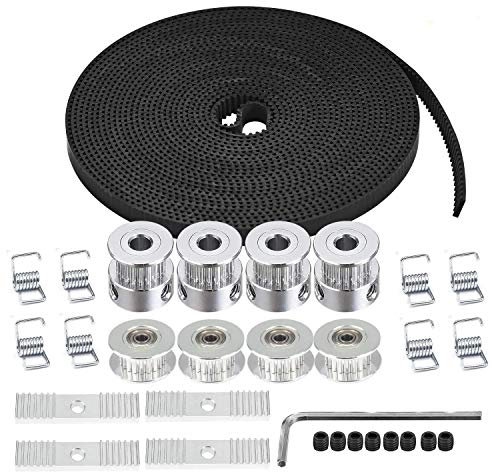 TUZUK 5M GT2 Zahnriemen 6 mm Breite + 4 Stück 20 Zähne 5 mm Bohrung Zahnscheibenrad + 4 Stück Leerlauf + 8 Stück Spannfeder Torsion + 4 Stück Zahnspangen-Montageblock mit Inbusschlüssel für 3D-Drucker