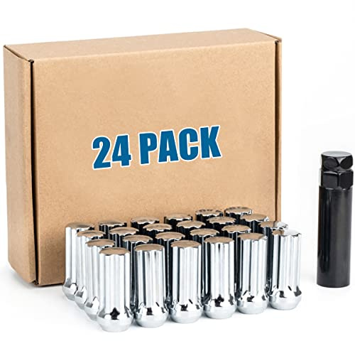 JiiinMiiin 24 st M14 x 2,0 flänsmuttrar krom med 7 spline tuner, 14 x 2 låsmutter 2 tum längd med 1 hylsnyckel, 60 graders konisk/konutbuktningssits stängd ände.
