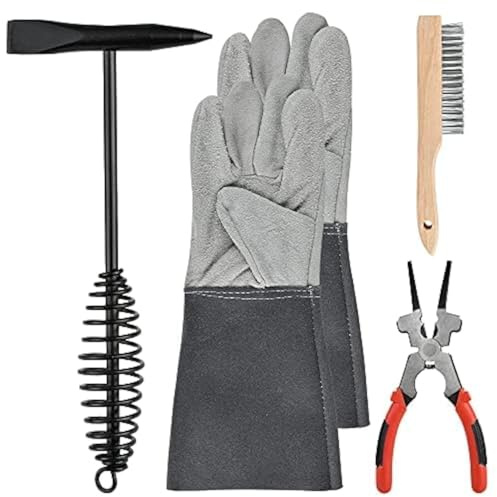 Worldity 4-Piece Welding Slag Removal Tool Set - 10 Inch Chipping Hammer with Coil Spring Handle, Multi-Functional Pliers, Wire Brush, Welding Gloves