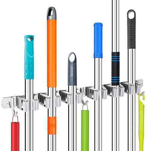 Hejo 304 Stainless Steel Broom Holder Wall Mounted, Heavy Duty Mop Holder with 6 Racks 3 Hooks for Bathroom, Kitchen, Garage, Garden Tool Organizer, Brush Mop and Broom Gripper (Grey)