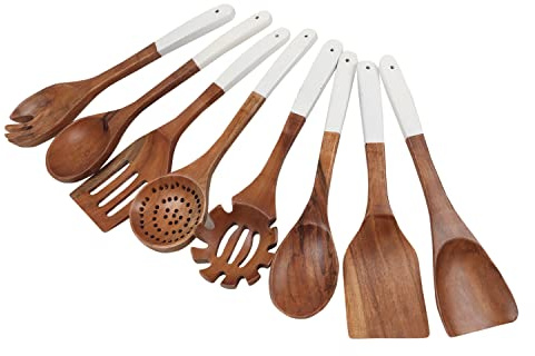 Lavaux Designs Holzutensilien zum Kochen, Set mit 8 Löffeln und Spateln, natürliches Akazienholz, antihaftbeschichtet, langlebig, umweltfreundlich und sicher, Küchen-Kochlöffel | weiße Griffe | je