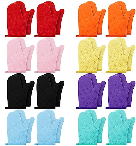 Dandat 16 Pairs Oven Mitts Quilted Terry Cloth Lining Extra Long Heat Resistant Kitchen Glove Christmas Cotton Microwave Baking Glove for Reliable Flexible Cooking Grille BBQ, 11 Inch, 8 Colors
